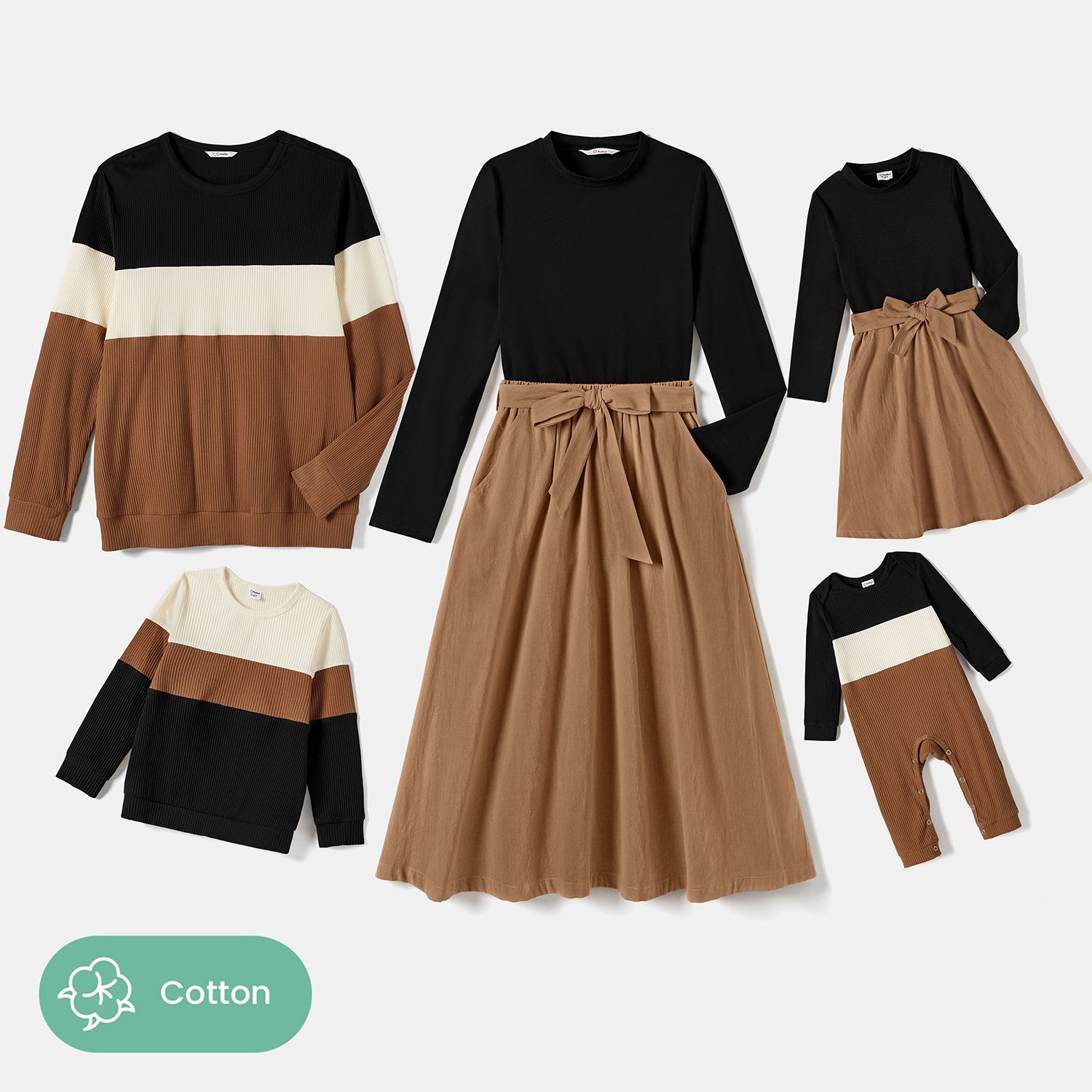 

Family Matching Skirt Suit Set Dresses with Pockets and Colorblock Ribbed Sweatshirts Sets