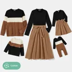 Family Matching Skirt Suit Set Dresses and Colorblock Ribbed Sweatshirts Set Khaki image 2