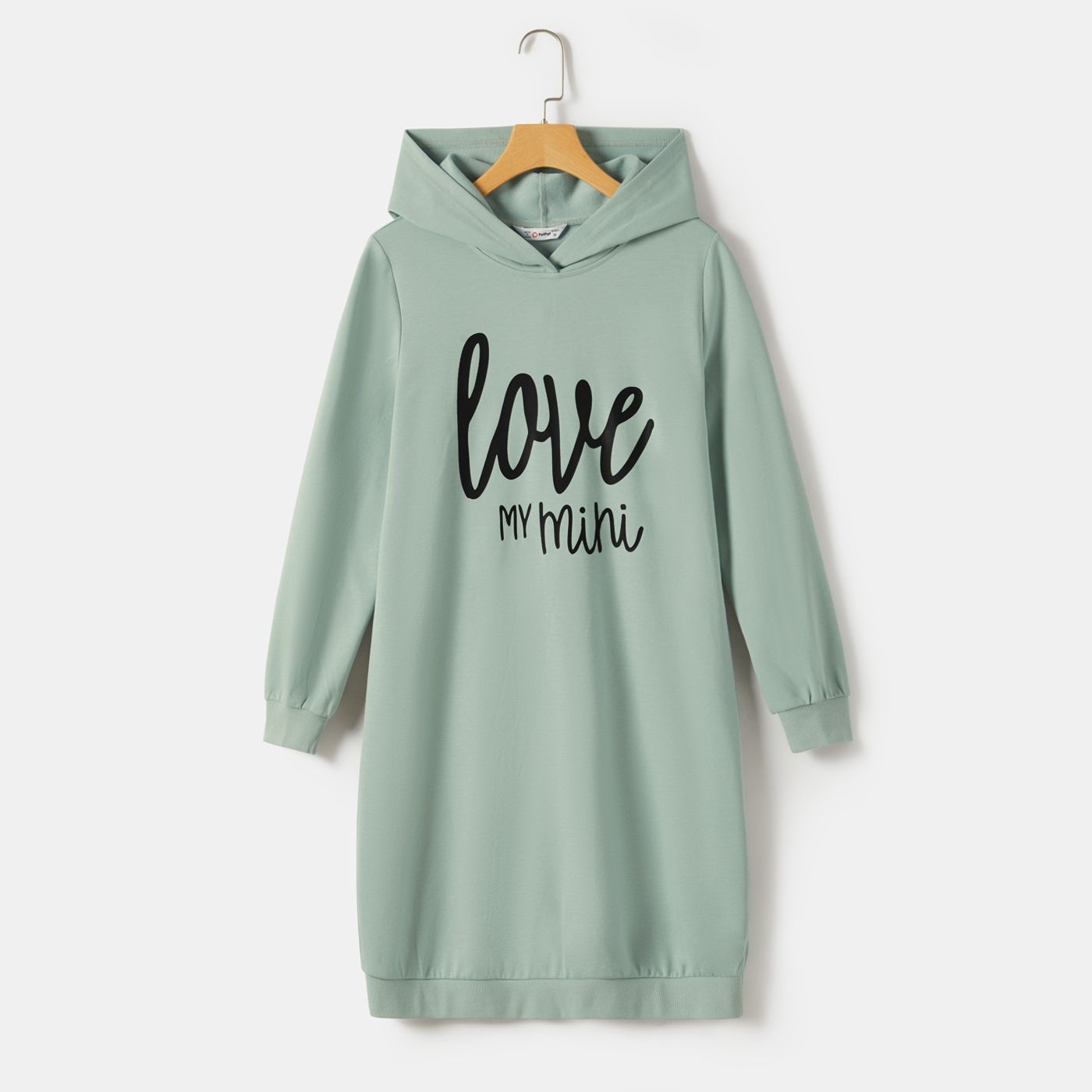Mommy And Me Letter Print Green Long-sleeve Hoodie Dresses