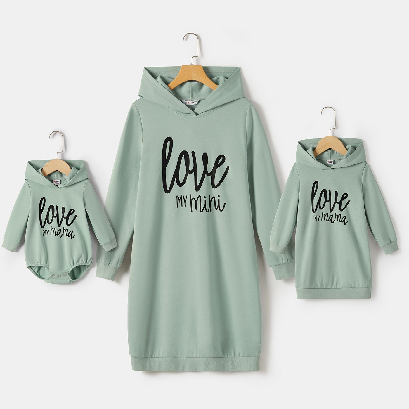 Mommy And Me Letter Print Green Long-sleeve Hoodie Dresses