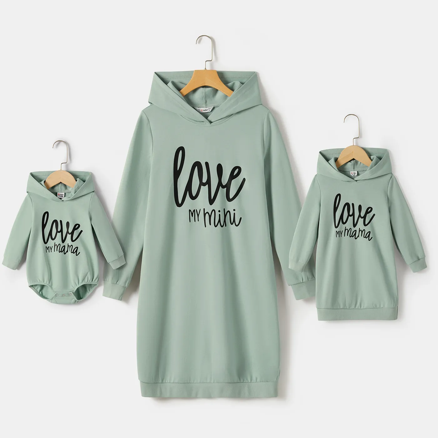 Mommy and Me Letter Print Green Long-sleeve Hoodie Dresses