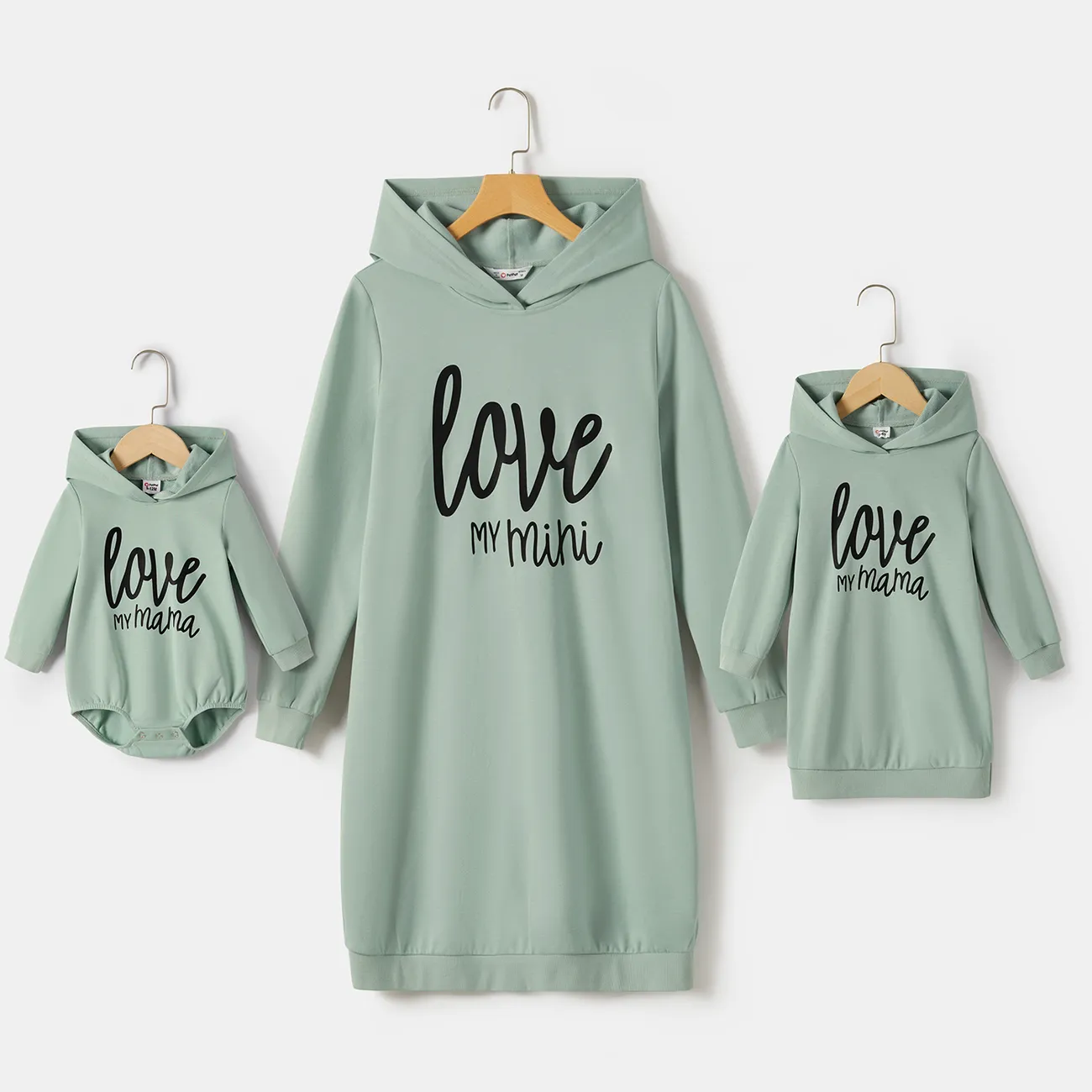 Mommy and Me Letter Print Green Long-sleeve Hoodie Dresses Light Green big image 1