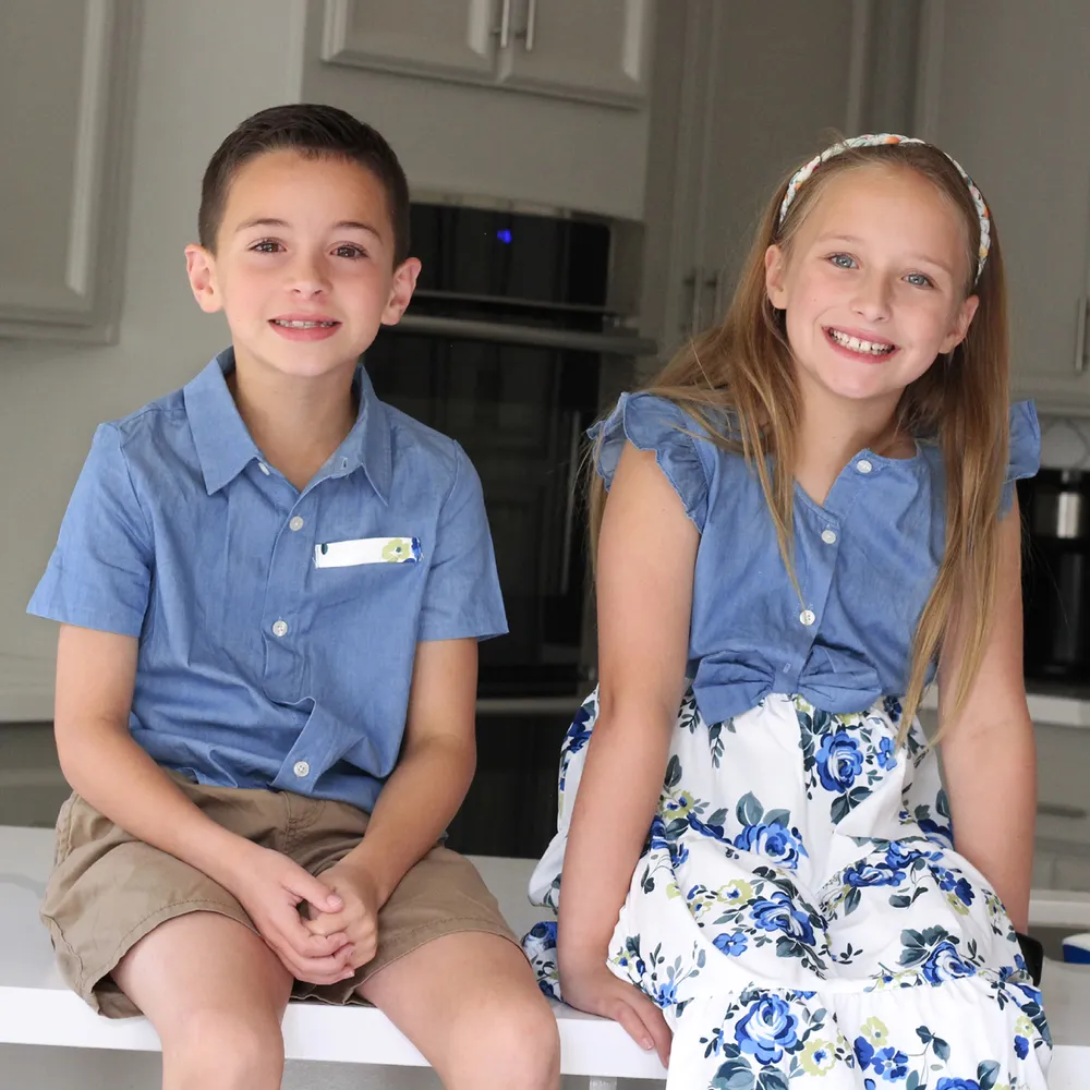 Family Matching 100% Cotton Blue Short-sleeve Shirts and Floral Print Ruffle Trim Spliced Cami Dresses Sets big image 4