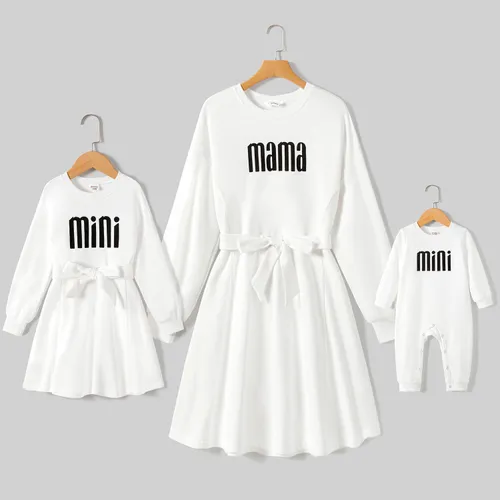 Mommy and Me Letter Print White Long-sleeve Belted Dresses