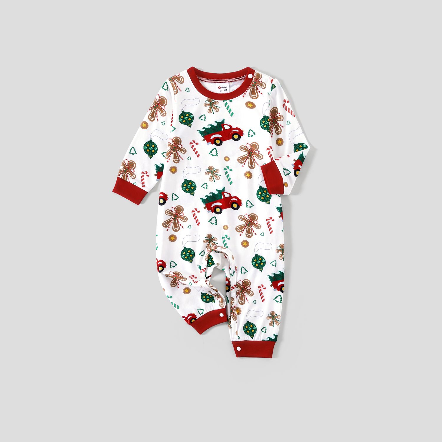 Christmas Family Matching Allover Red Truck  Candy Cane Gingerbread Man Print Long-sleeve Pajamas Sets (Flame Resistant)