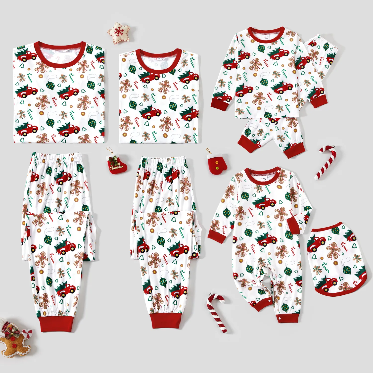 Christmas Family Matching Allover Red Truck  Candy Cane Gingerbread Man Print Long-sleeve Pajamas Sets (Flame Resistant)  image 2