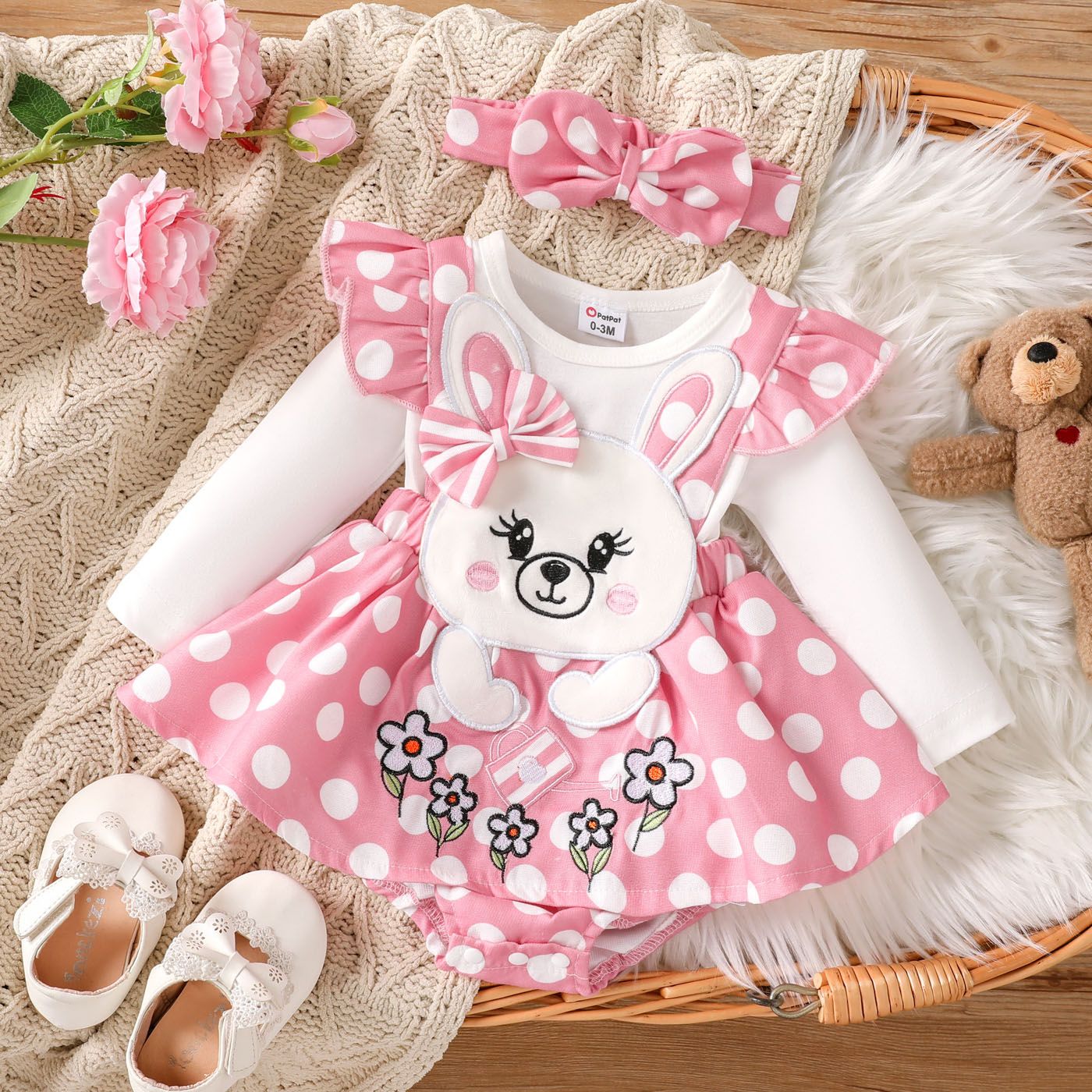 2件 嬰兒 女 立體造型 兔仔 童趣 長袖 連身衣