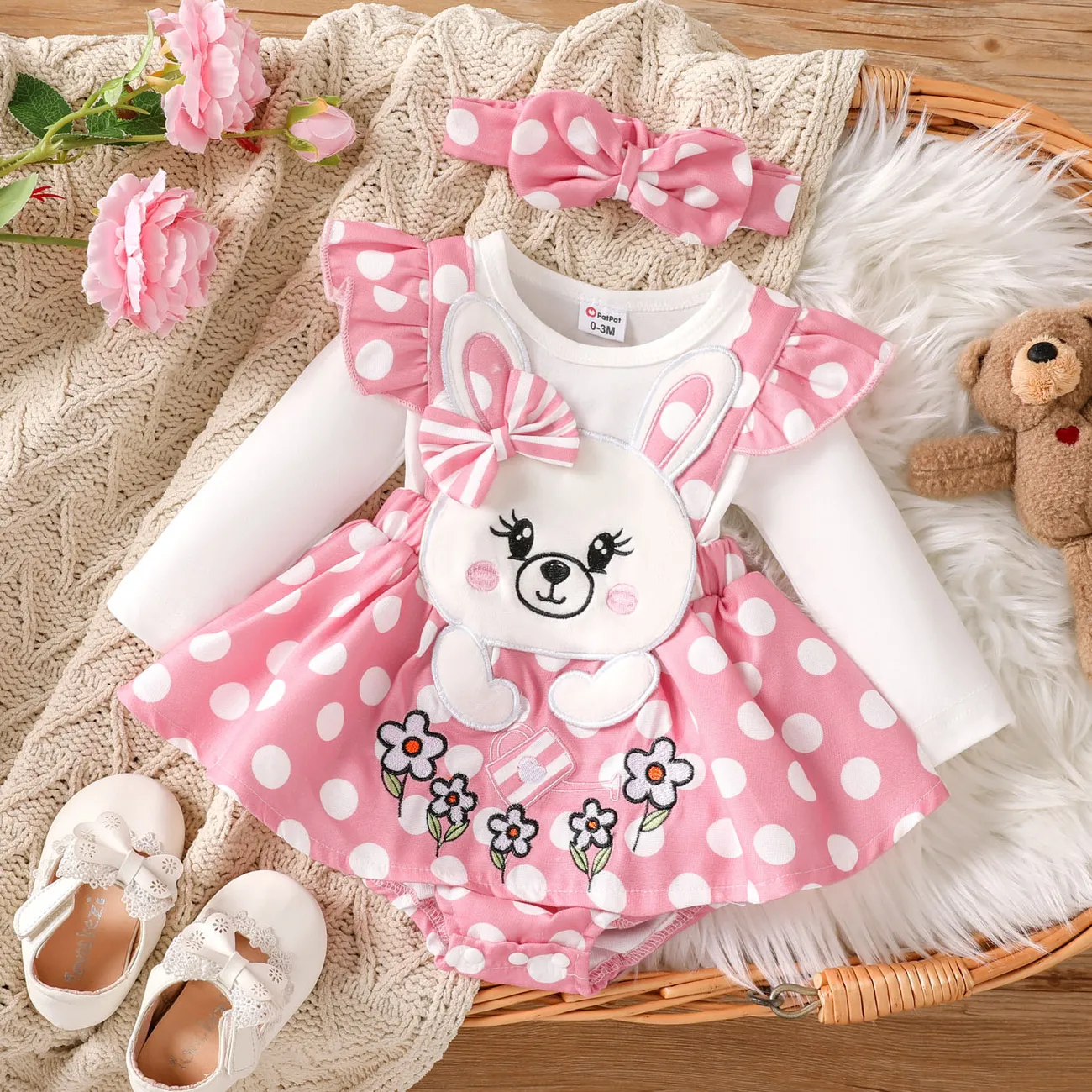 Baby Girl Rabbit Pattern Ruffle Long Sleeve Romper Pink big image 1