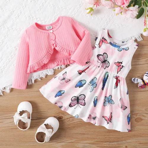 Baby Girl Childlike Butterfly Design Button Feature Animal Pattern Dress Set 