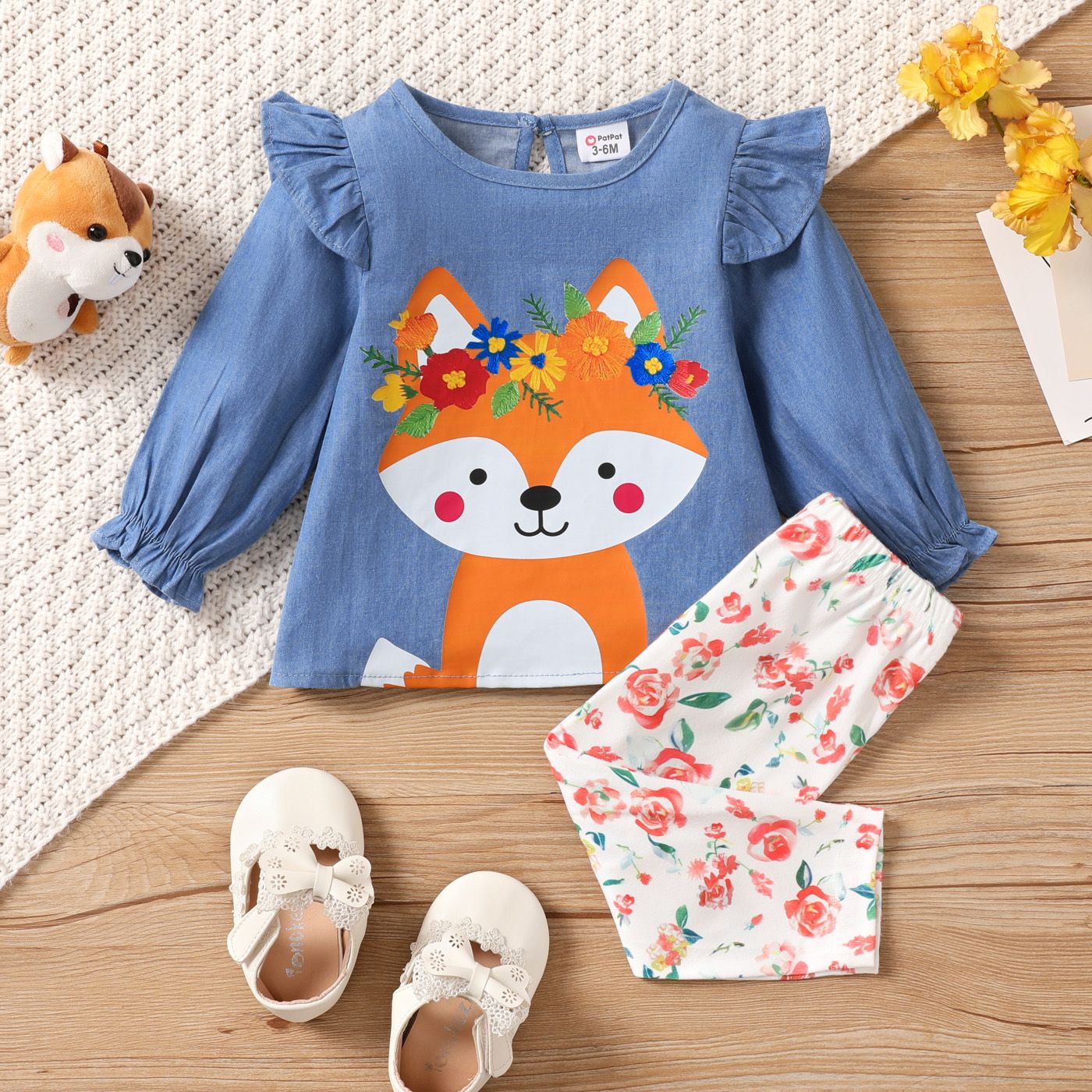 

2pcs Baby Girl Childlike Animal Pattern Fox Ruffle Sleeve Set