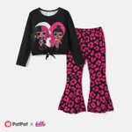 L.O.L. SURPRISE! Kid Girl 2pcs Knot Hem Long-sleeve Top and Allover Print Flared Pants Set  Black