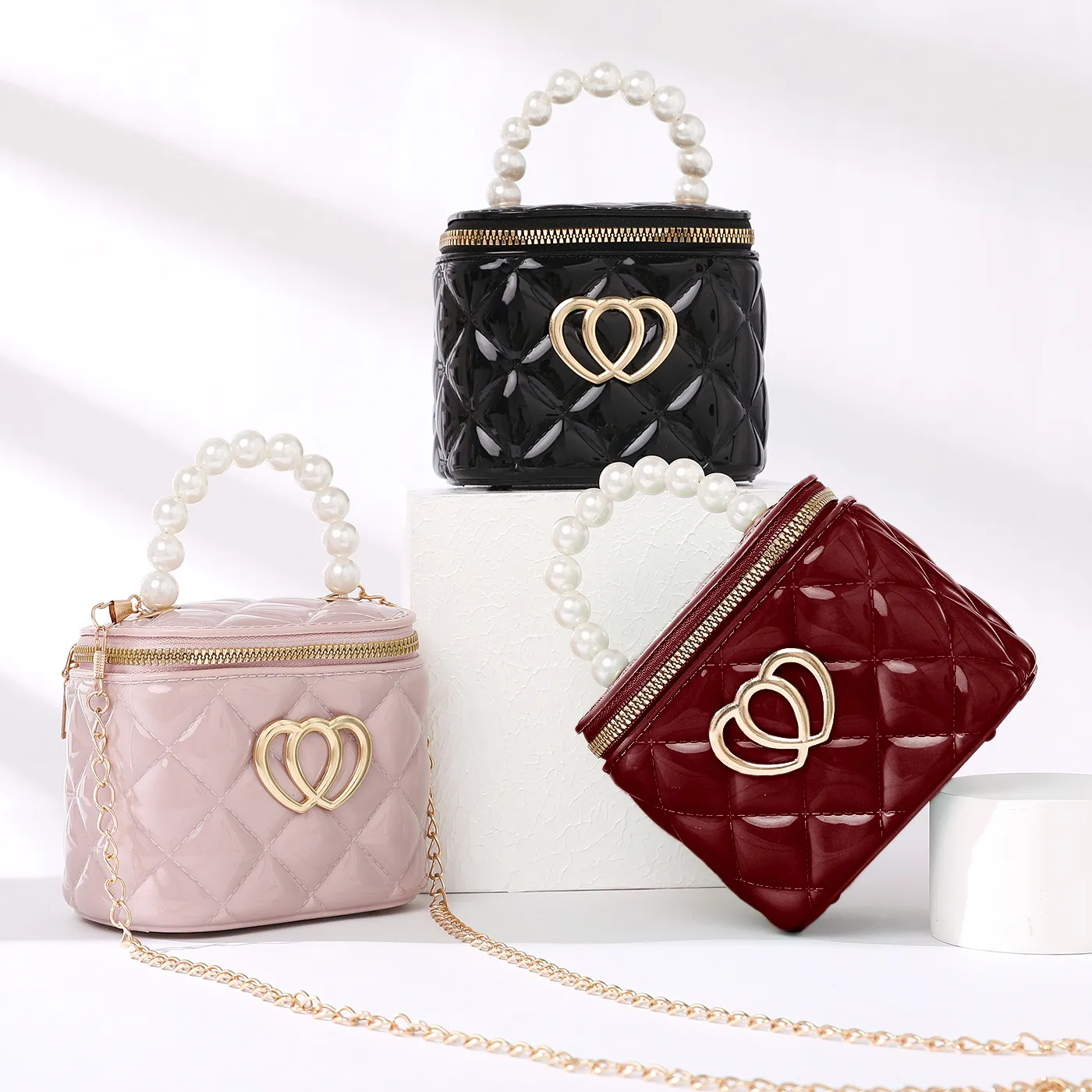 Toddler/Kid Elegant Bucket Bag, PVC Material, Classic Diamond Grid Pattern Printing for Girl