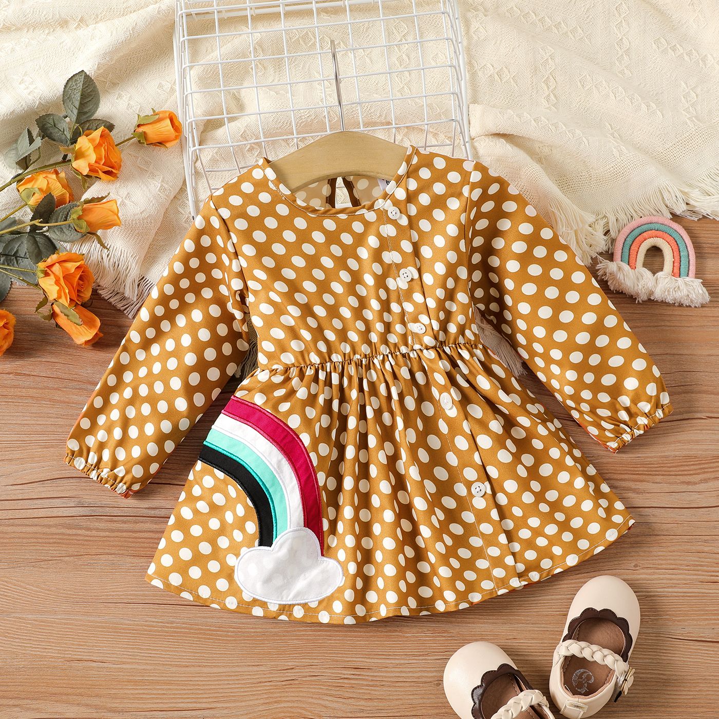 

Baby Girl Sweet Polka Dot Rainbow Print Long Sleeve Dress