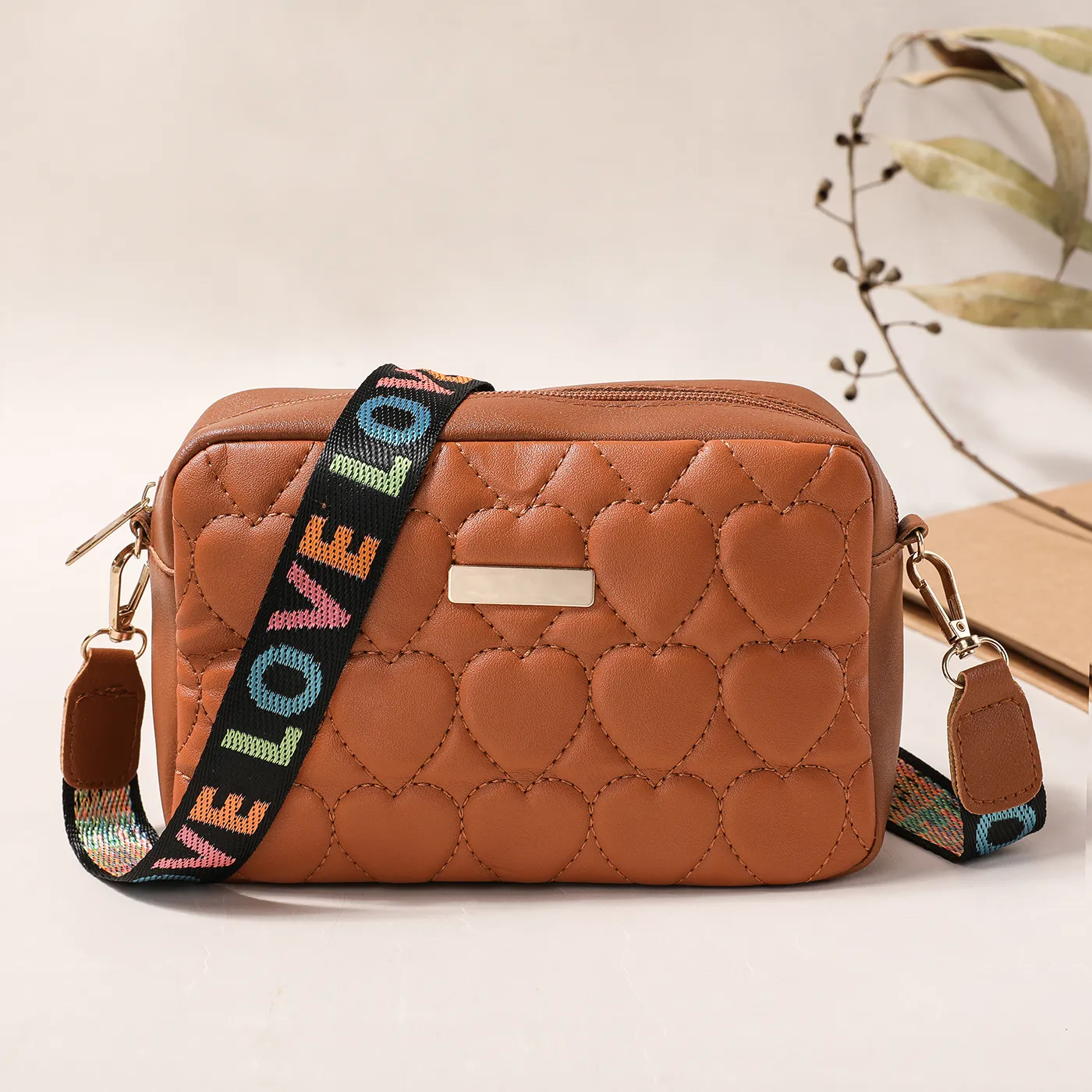 Toddler / Kid 2023 New Heart Embroidered Bag Daily Versatile Crossbody Shoulder Bag For Girl Brown
