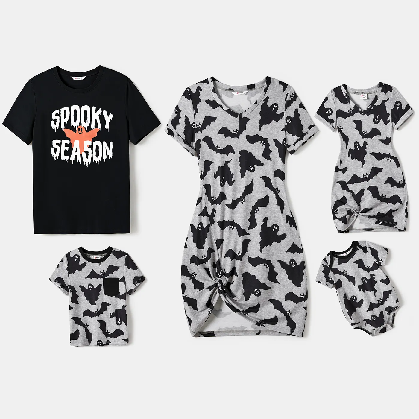 

Halloween Family Matching Bat Print Bodycon T-shirt Dresses and Letter Print Short Sleeve Tops Sets