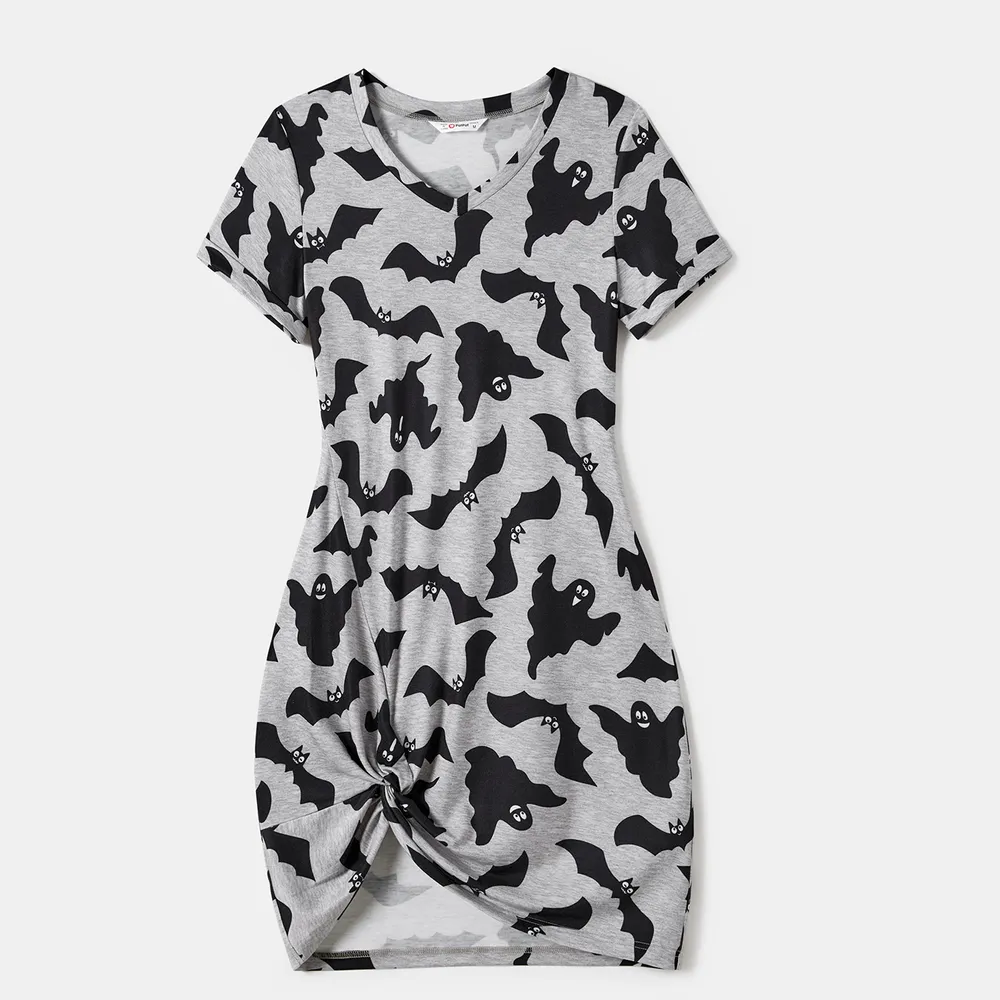 Halloween Family Matching Bat Print Bodycon T-shirt Dresses and Letter Print Short Sleeve Tops Sets  big image 14
