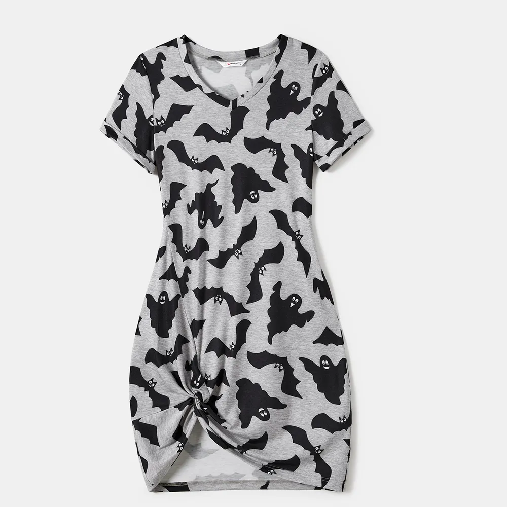 Halloween Family Matching Bat Print Bodycon T-shirt Dresses and Letter Print Short Sleeve Tops Sets big image 14