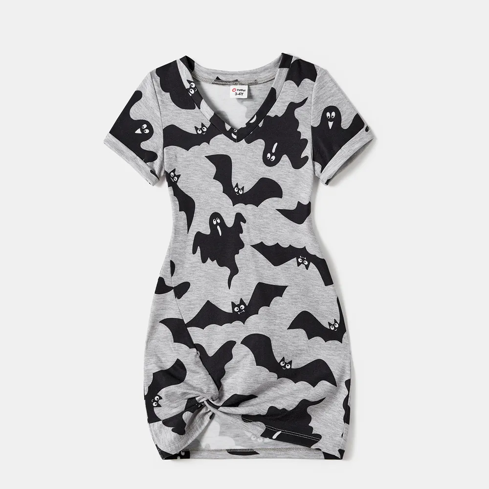 Halloween Family Matching Bat Print Bodycon T-shirt Dresses and Letter Print Short Sleeve Tops Sets big image 10
