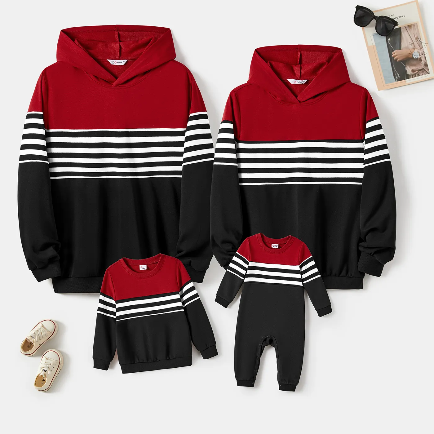 Famille Assortie Casual Color-block Stripes Imprimer Manches Longues Hooded Tops