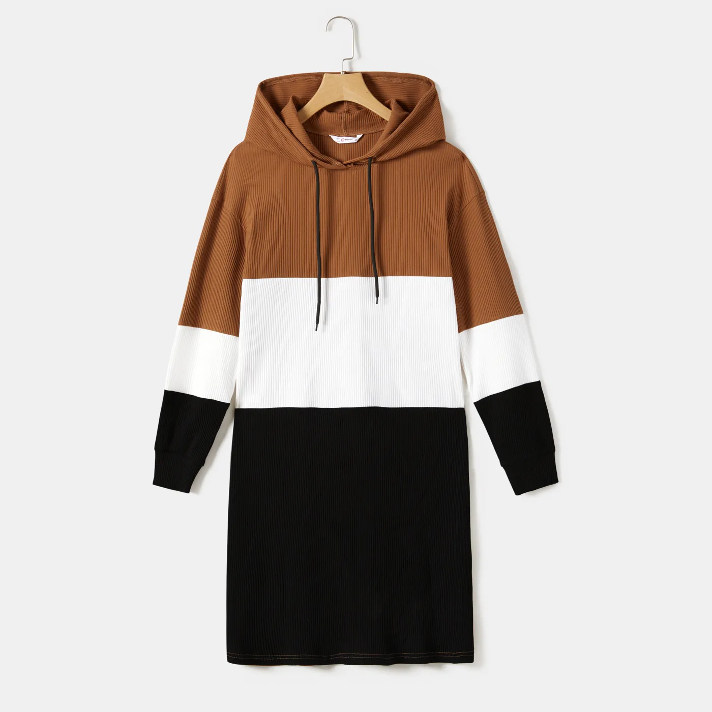 Colorblock Long-sleeve Drawstring Hoodie Knitted Dress For Mom And Me