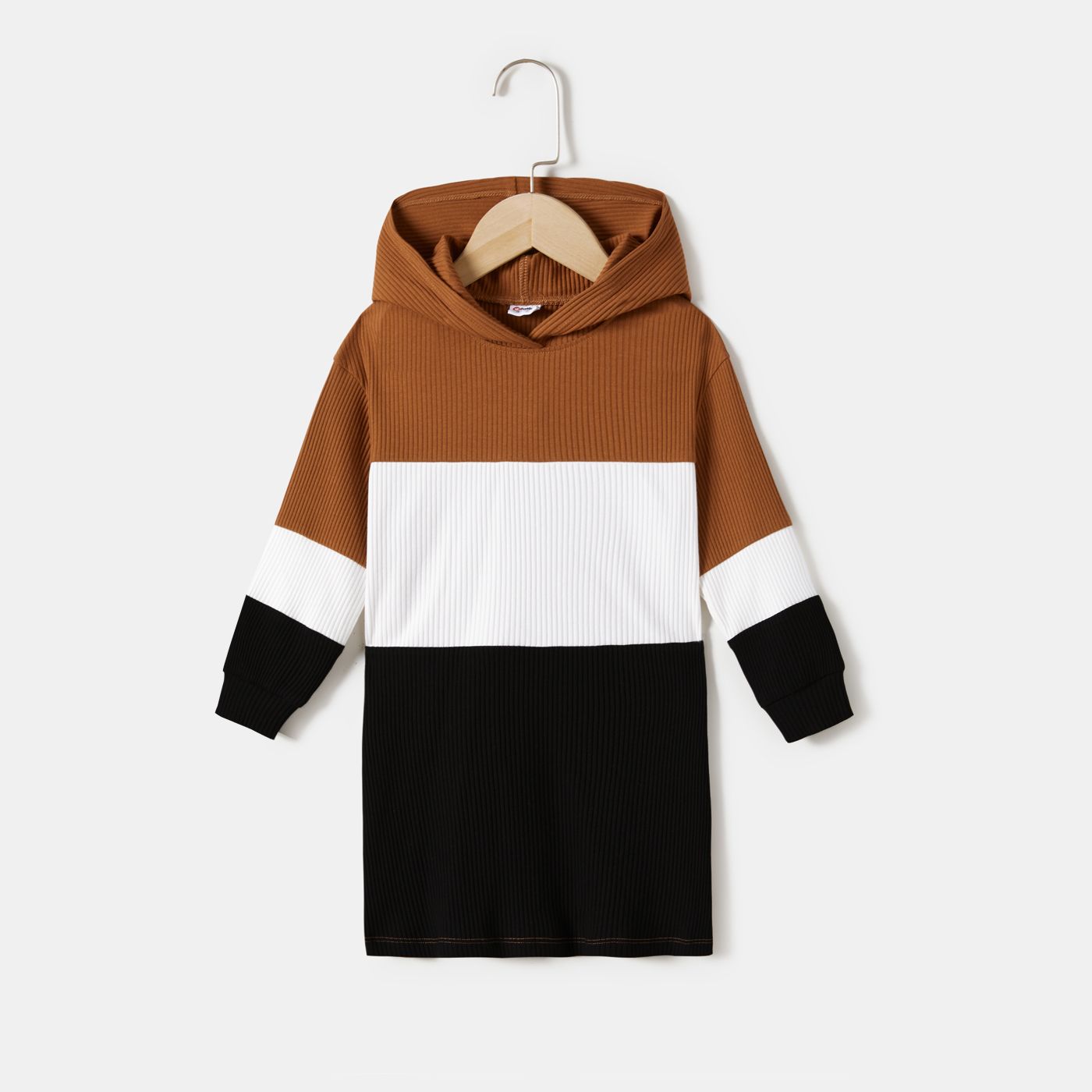 Colorblock Long-sleeve Drawstring Hoodie Knitted Dress For Mom And Me
