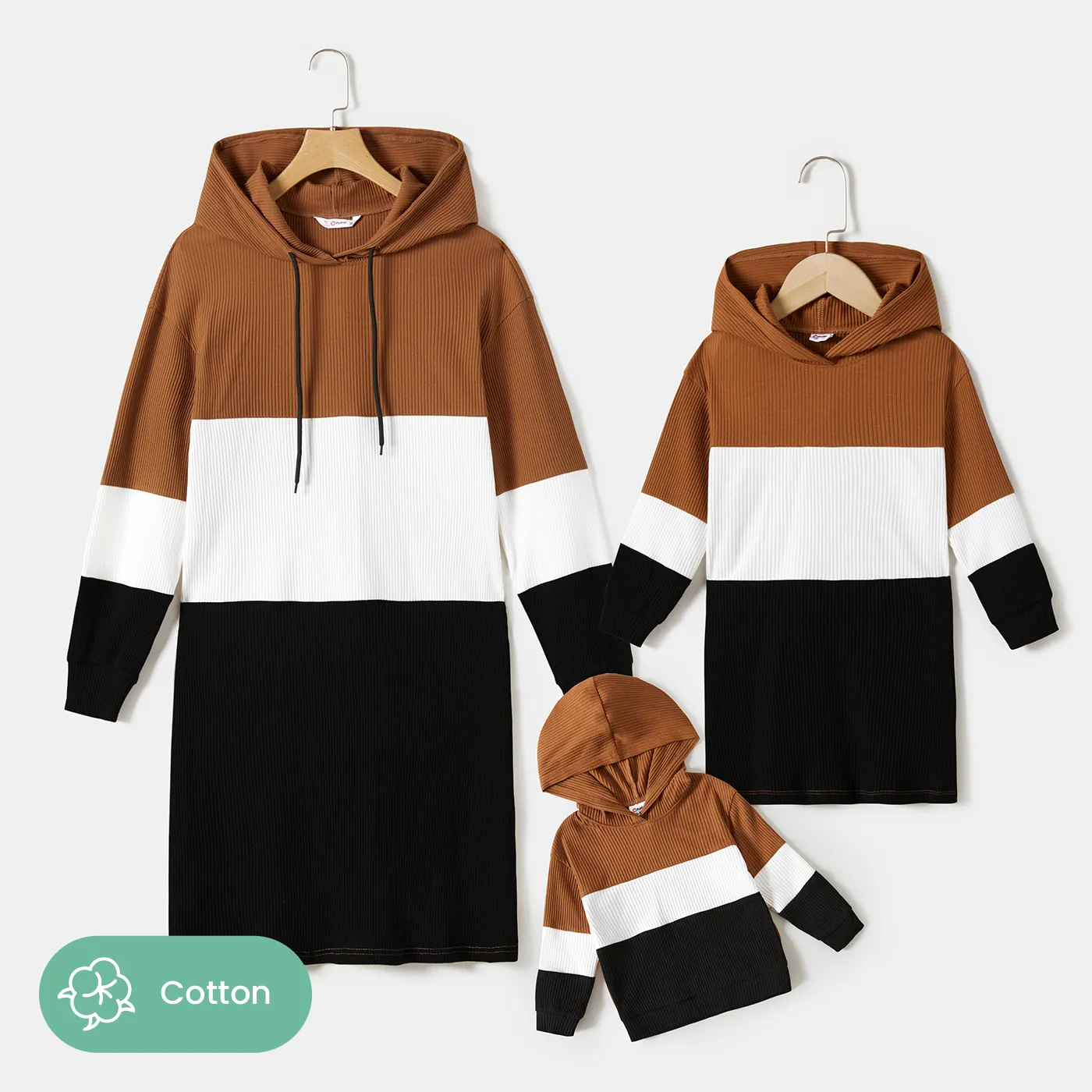 Colorblock Long-sleeve Drawstring Hoodie Knitted Dress for Mom and Me
