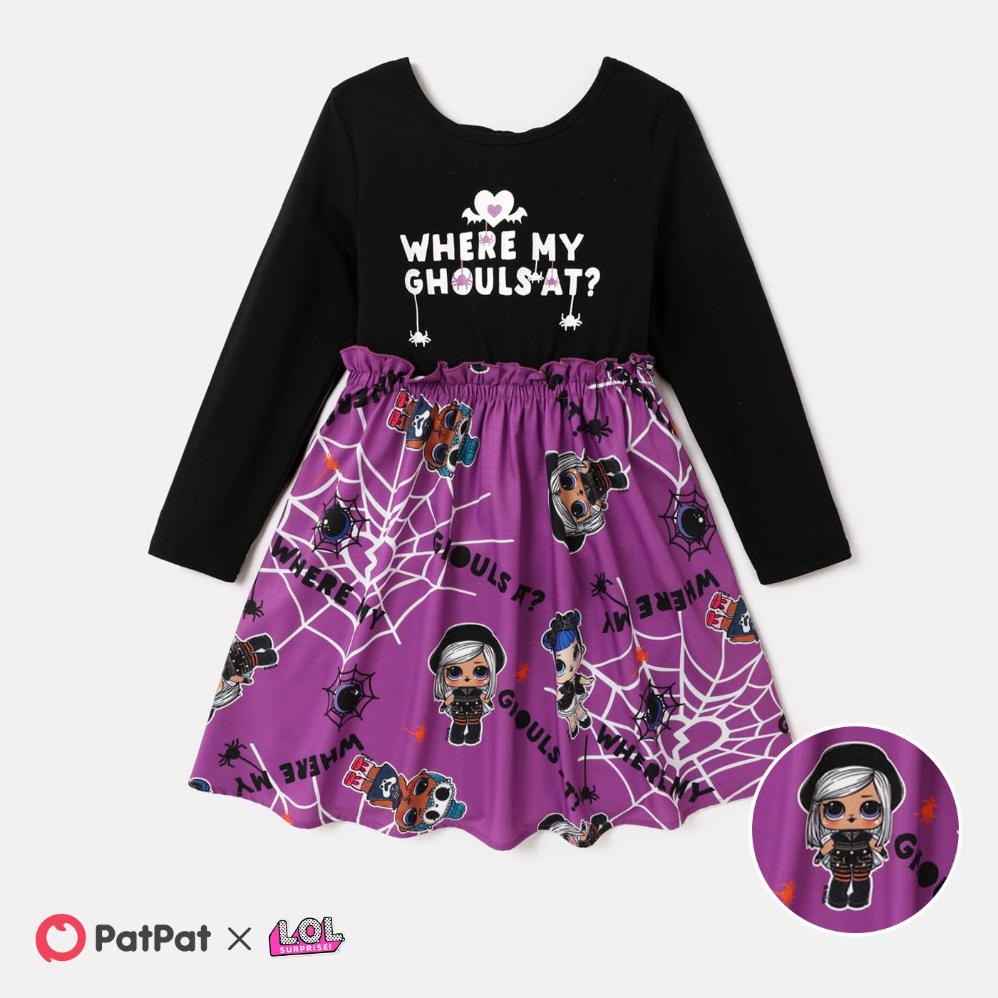 

L.O.L. SURPRISE! Kid Girl Halloween Letter & Character Print Long-sleeve Combo Dress