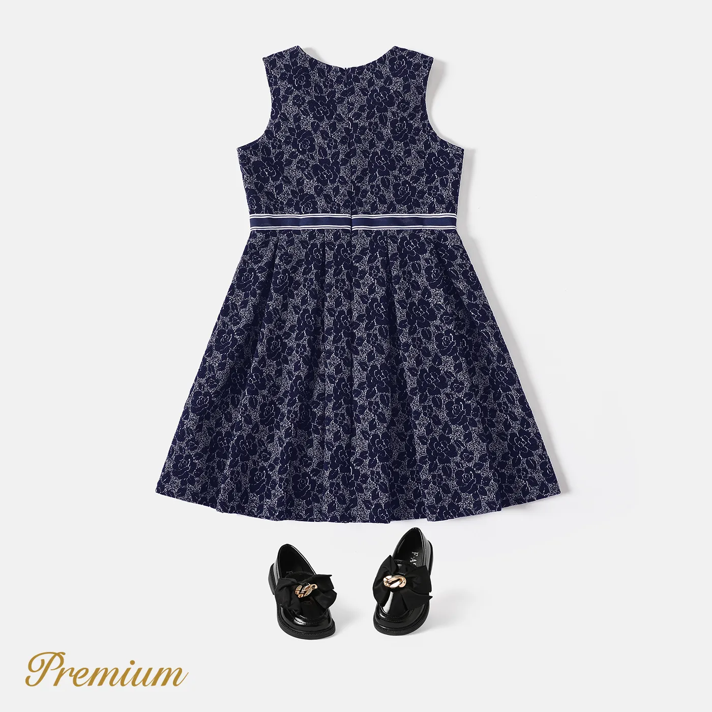 Girl's Medium Thickness Regular Fit  Elegant Floral Dress with Zipper Dark Blue image 6