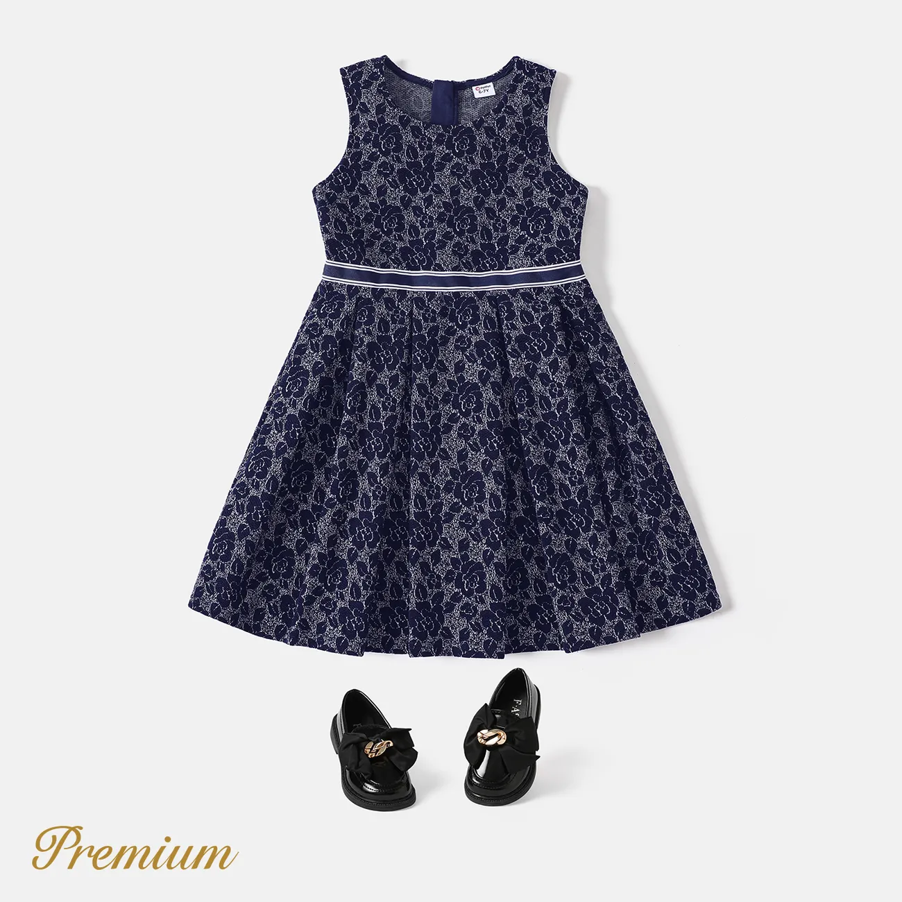 Girl's Medium Thickness Regular Fit  Elegant Floral Dress with Zipper Dark Blue big image 1