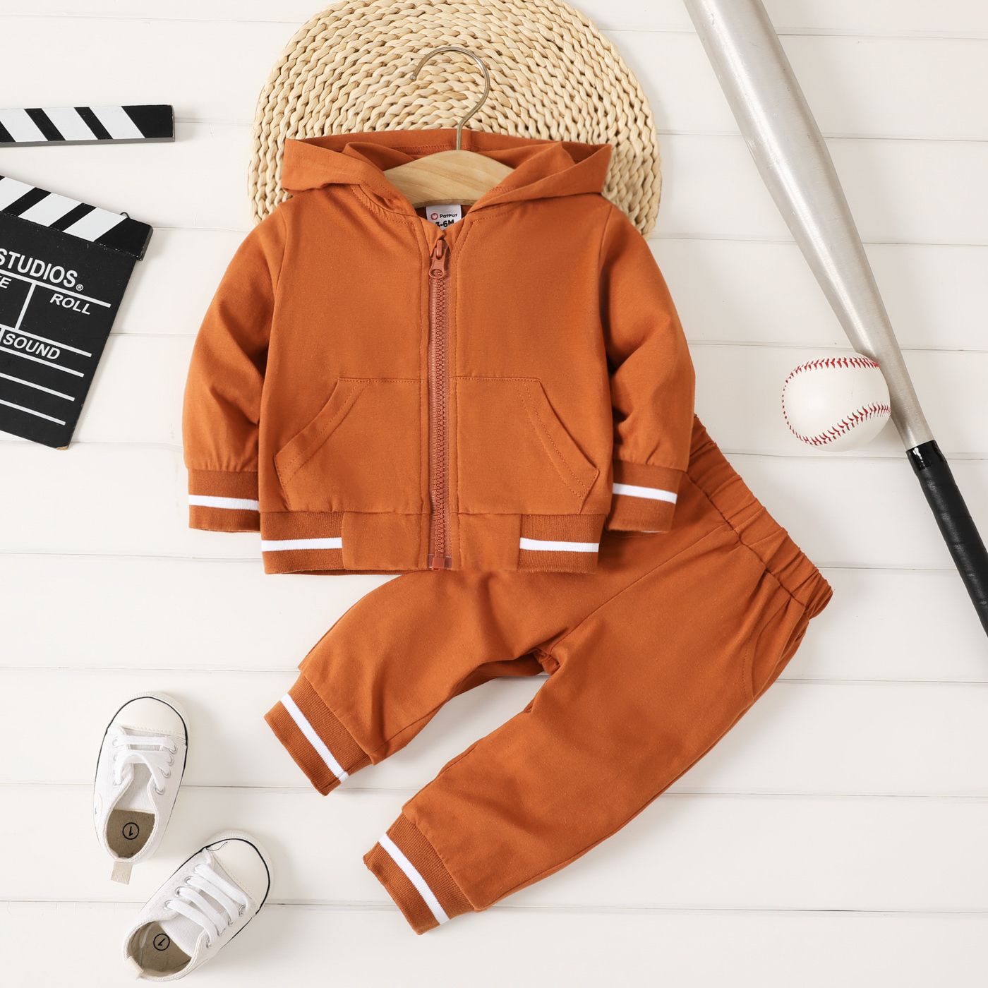 2pcs Baby Boy Solid Color Sporty Hooded Long Sleeve Set