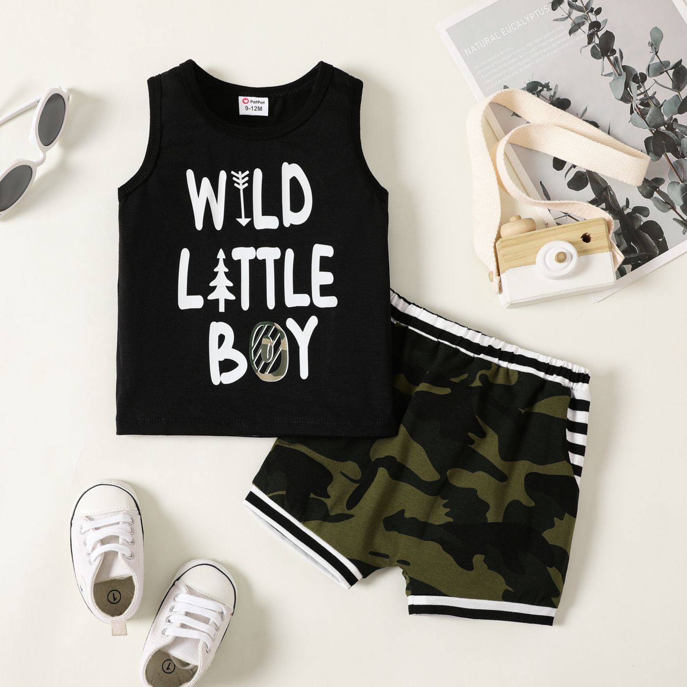 

2pcs Baby Boy Letters Print Sleeveless Top and Camouflage Shorts Set