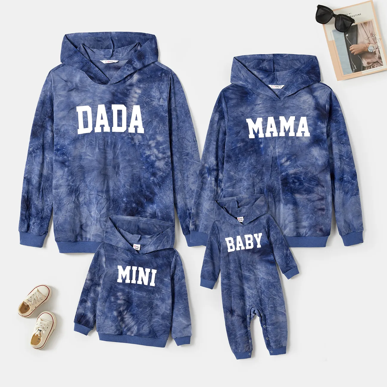 Family Matching Casual Hooded Tie-dyed Letters Print Cotton Long-sleeve Tops Blue big image 1