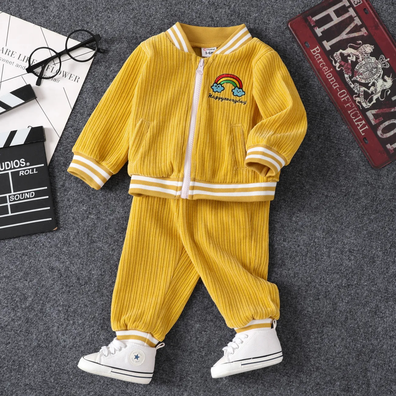 2PCS Baby Boy/Girl Casual Rainbow Long Sleeve Set Yellow big image 1