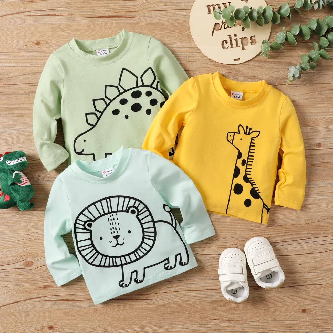 Baby Boy/Girl Childlike Animal Pattern Long-sleeved T-shirt Pale Green big image 1