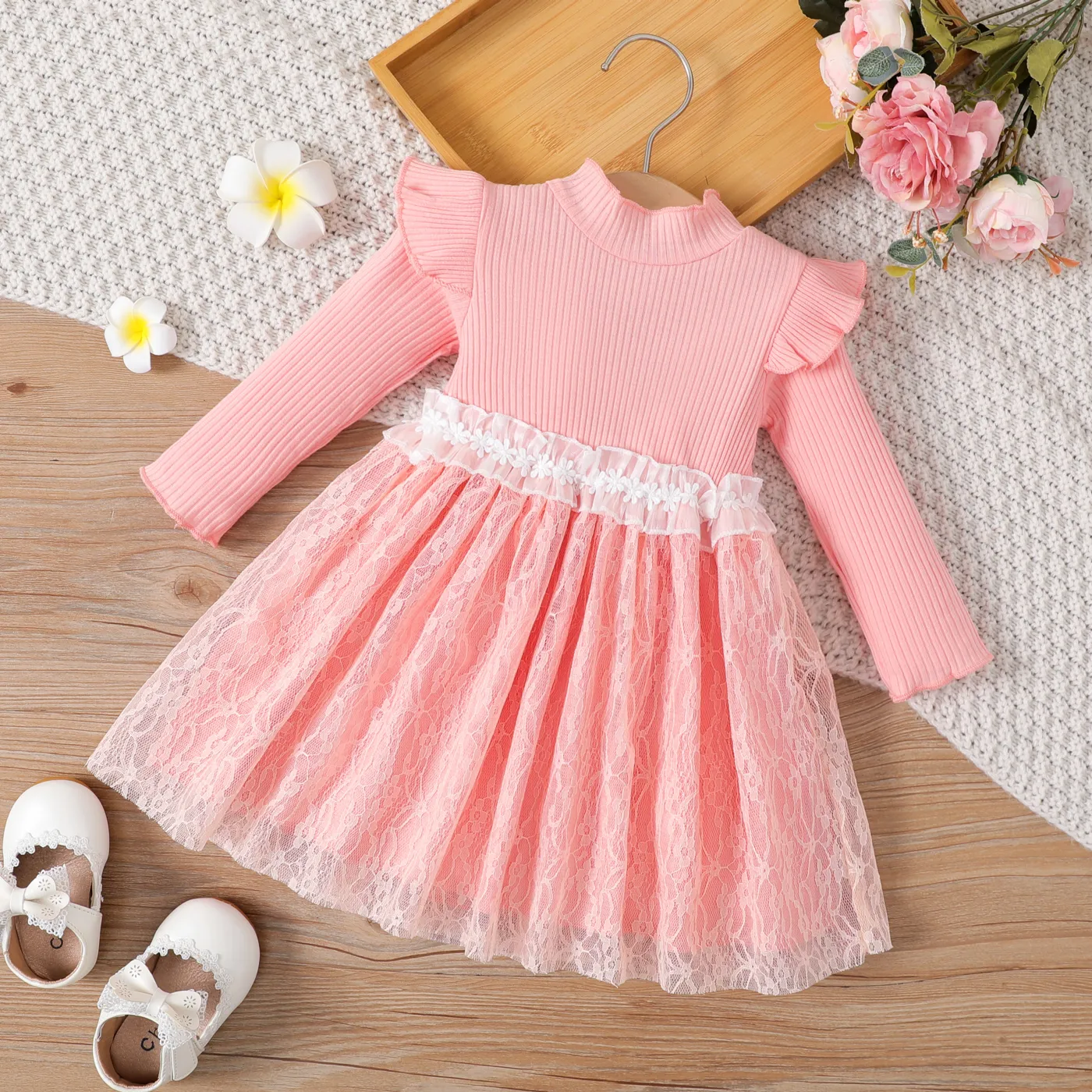 Baby Girl Lace Design Fabric Stitching Dress Pink image 6