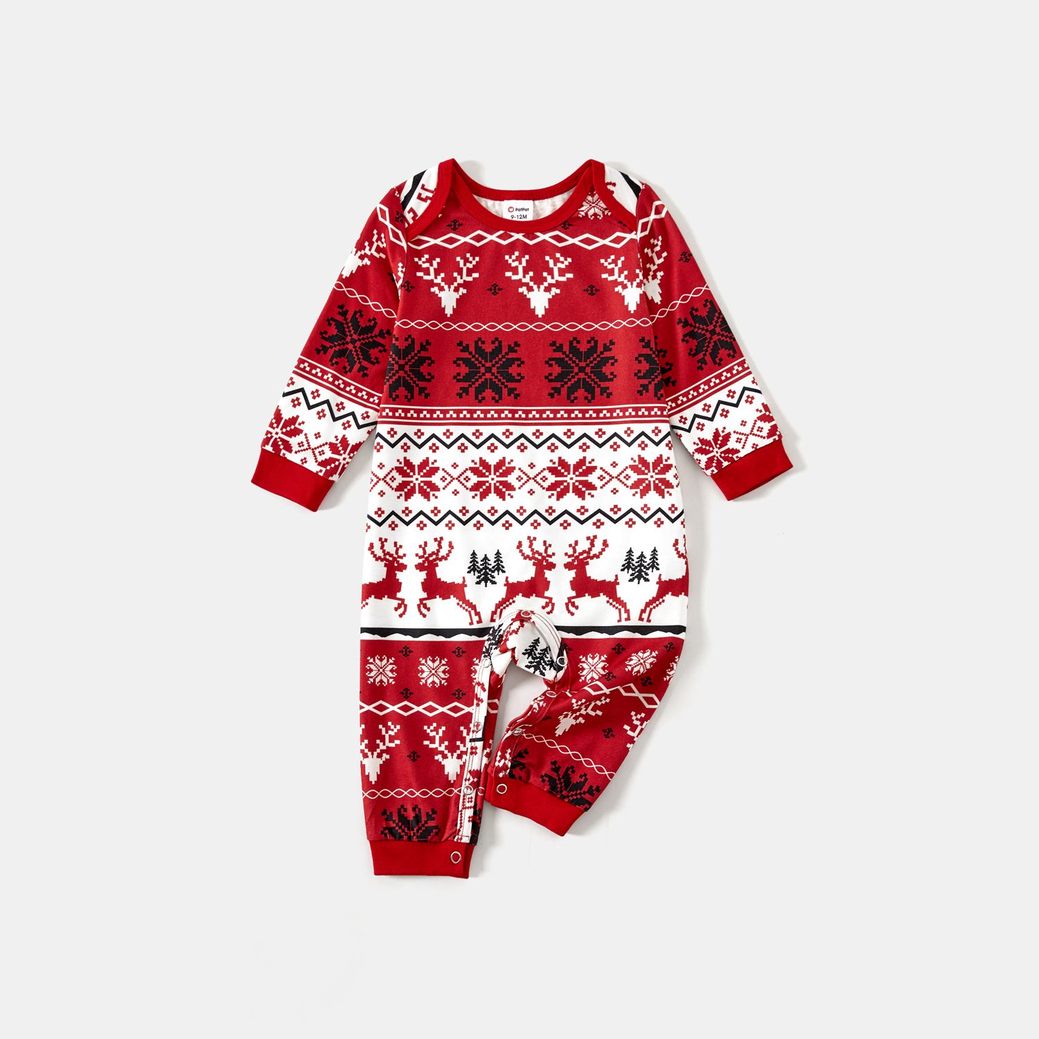 Christmas Family Matching Allover Reindeers And Snowflake Print Long-sleeve Red Pajamas Sets (Flame Resistant)