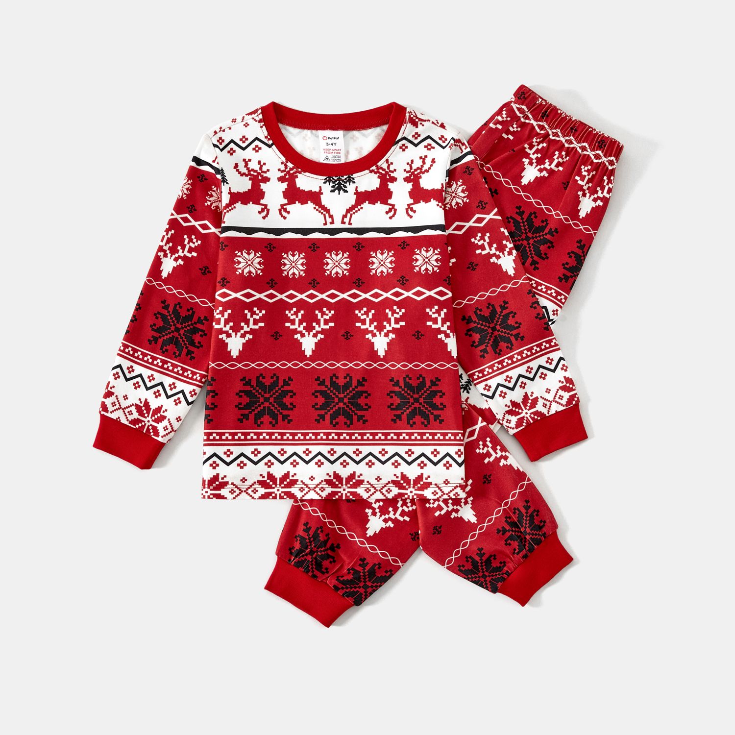 Christmas Family Matching Allover Reindeers and Snowflake Print Long-sleeve Red Pajamas Sets (Flame 