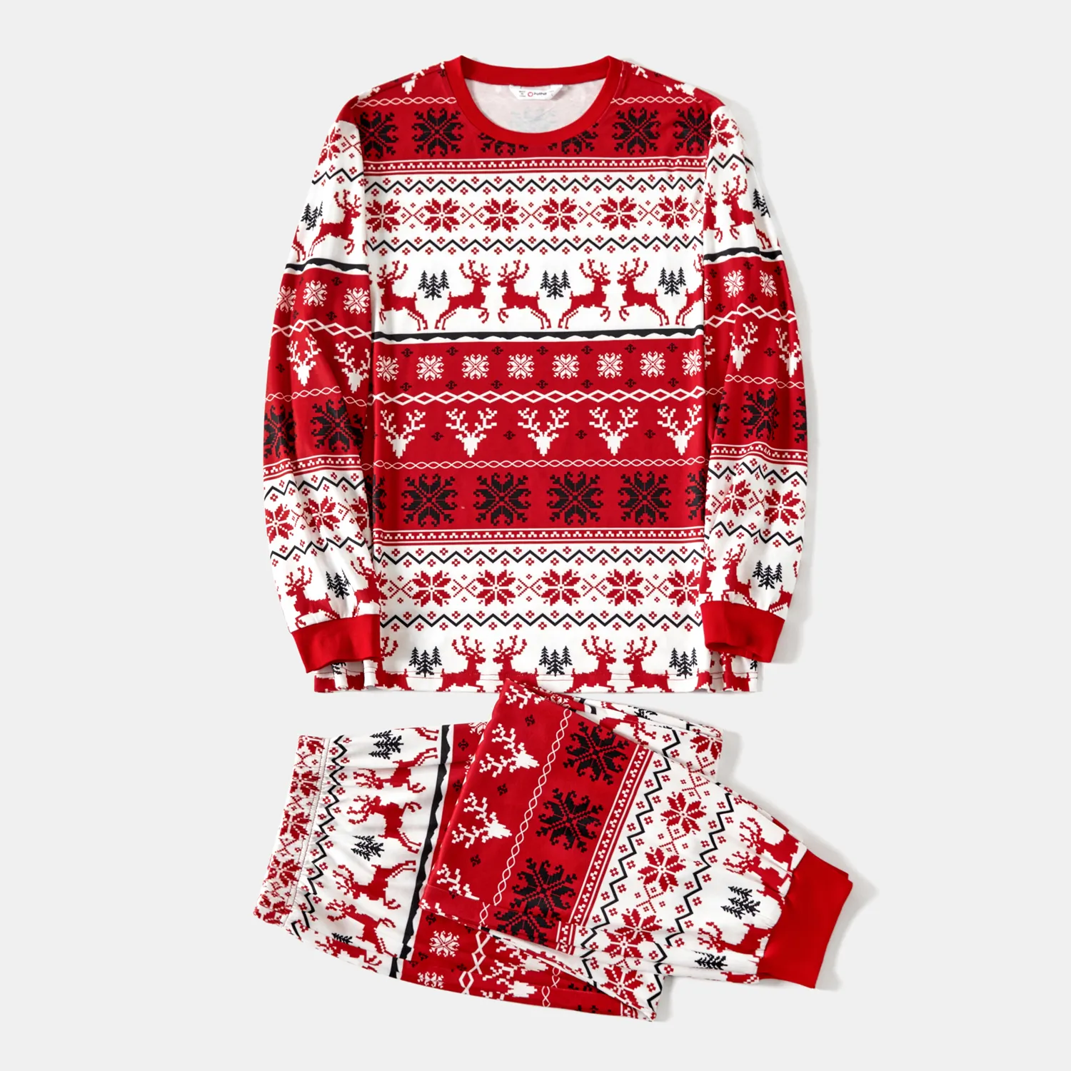 Christmas Family Matching Allover Reindeers and Snowflake Print Long-sleeve Red Pajamas Sets (Flame 