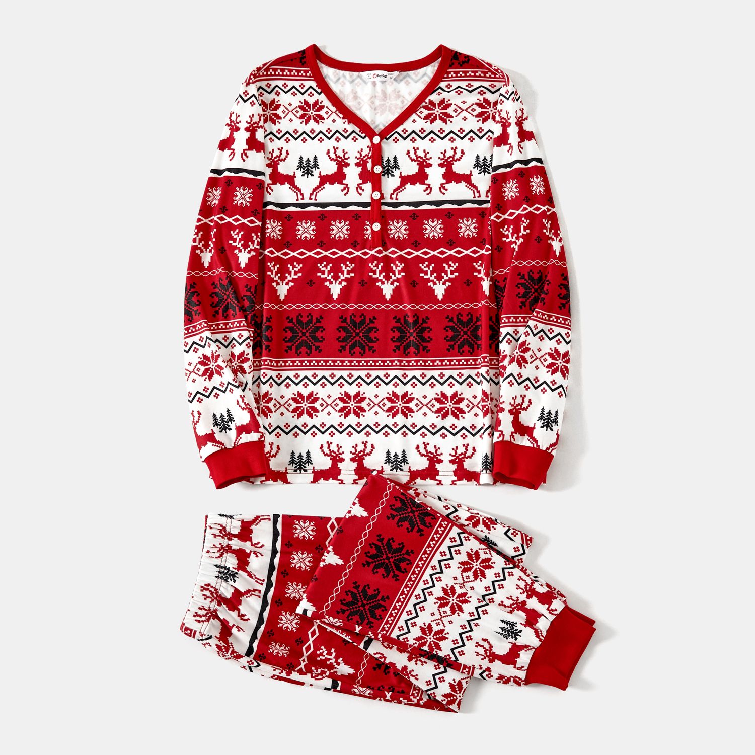 

Christmas Family Matching Allover Reindeers and Snowflake Print Long-sleeve Red Pajamas Sets (Flame Resistant)