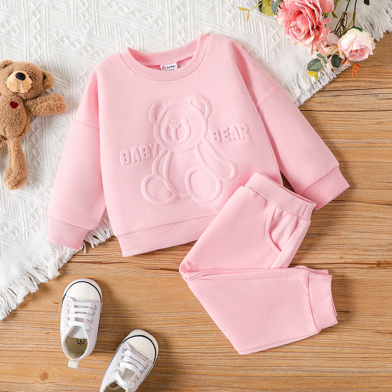2pcs Baby Girl Letters & Bear Graphic Long-sleeve Sweatshirt and Solid Pants Set Pink big image 1