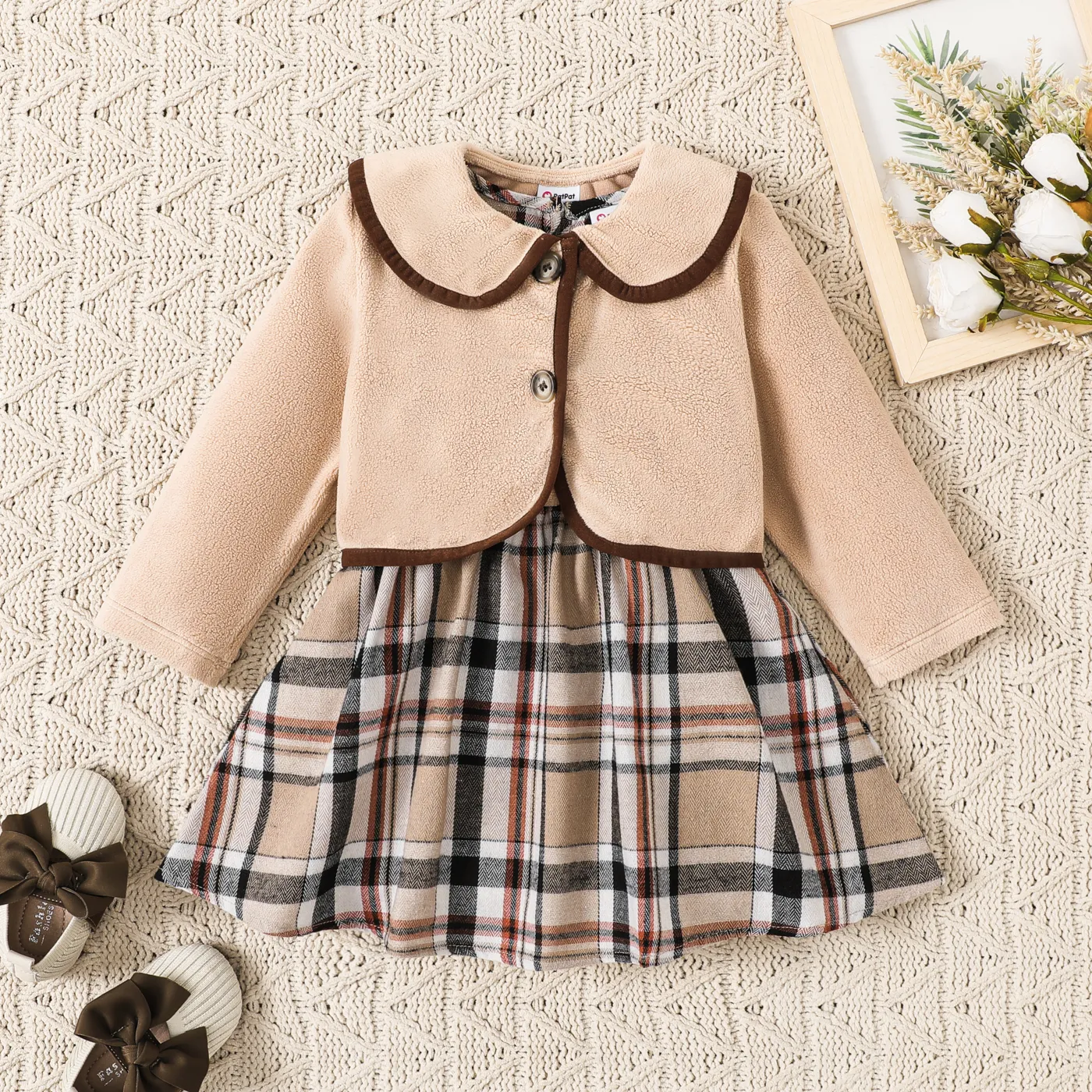 2PCS Baby Girl Hyper-Tactile Design Grid/Houndstooth School Dress Set  image 3
