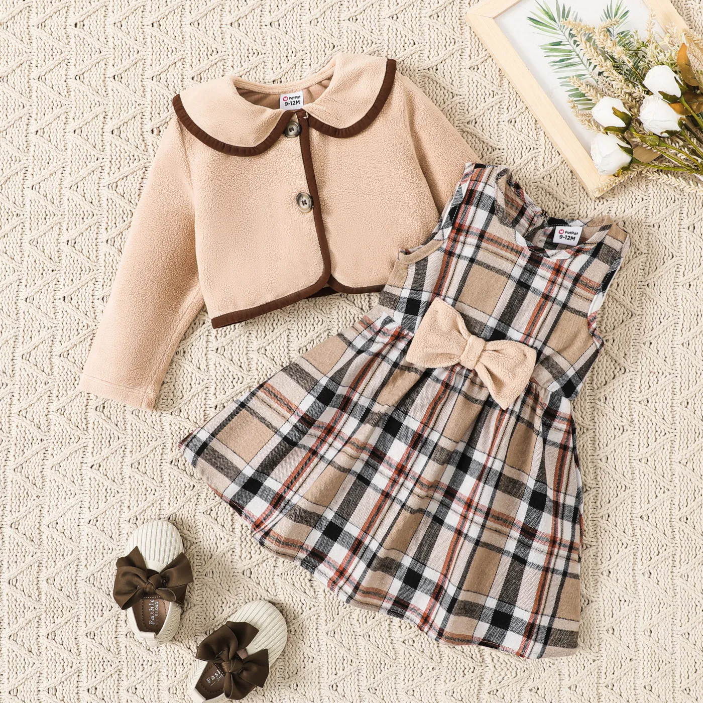 2PCS Baby Girl Hyper-Tactile Design Grid/Houndstooth School Dress Set