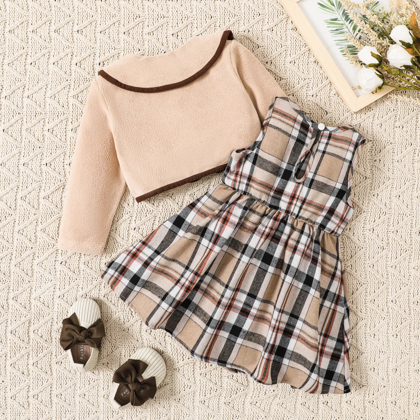 2PCS Baby Girl Hyper-Tactile Design Grid/Houndstooth School Dress Set  image 2