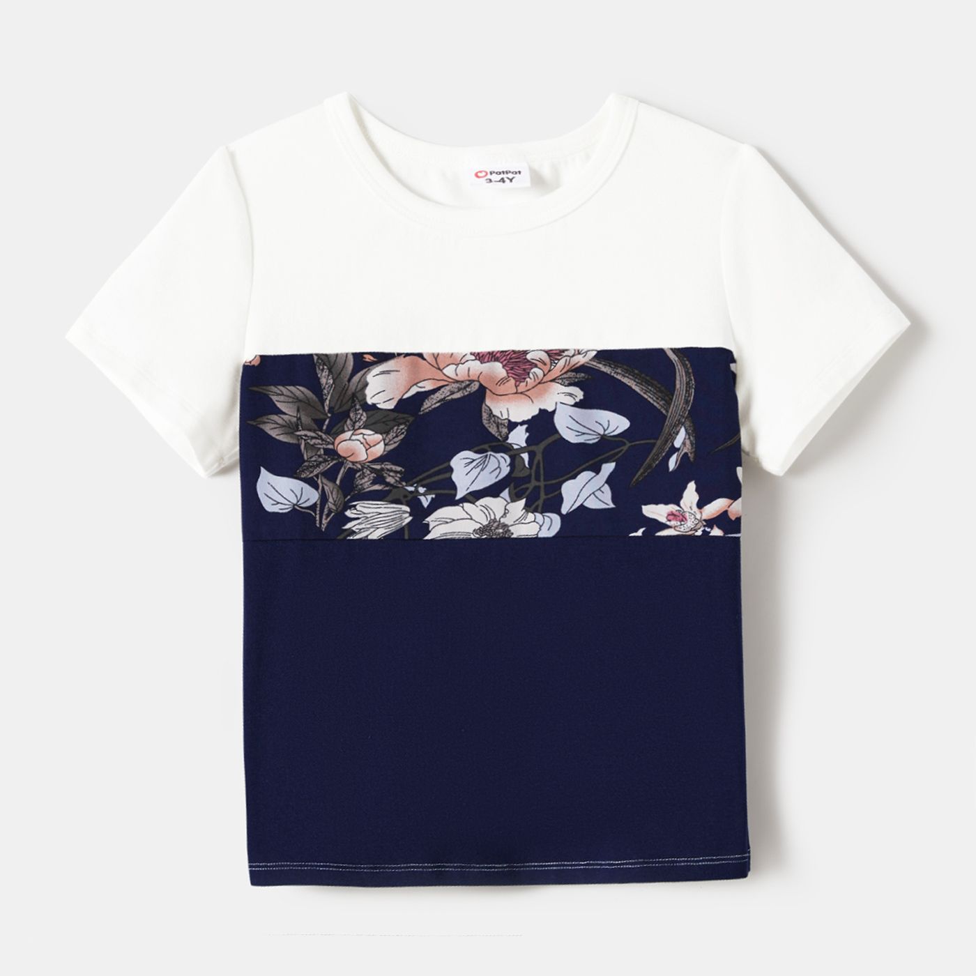 

Family Matching Floral Flutter Sleeves Dark Blue Dresses and Colorblock Tops Sets