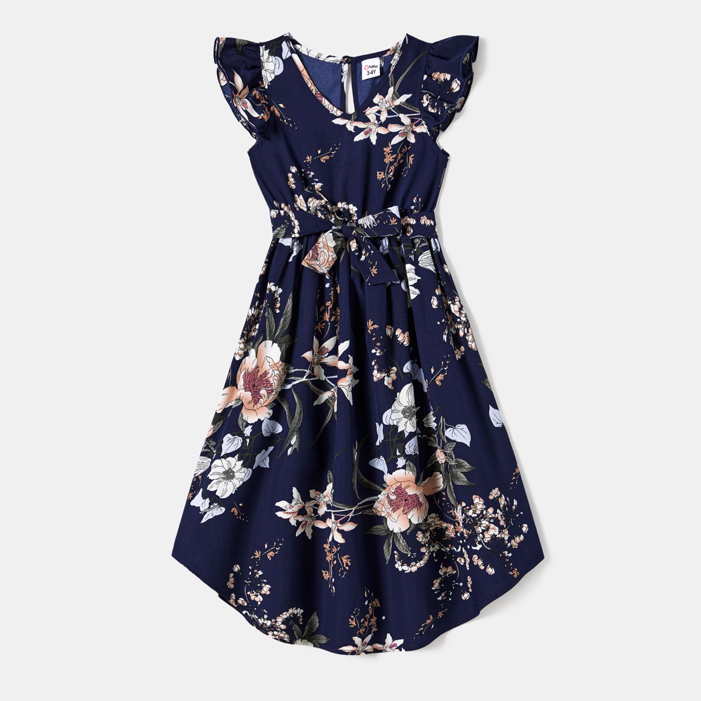 

Family Matching Floral Flutter Sleeves Dark Blue Dresses and Colorblock Tops Sets