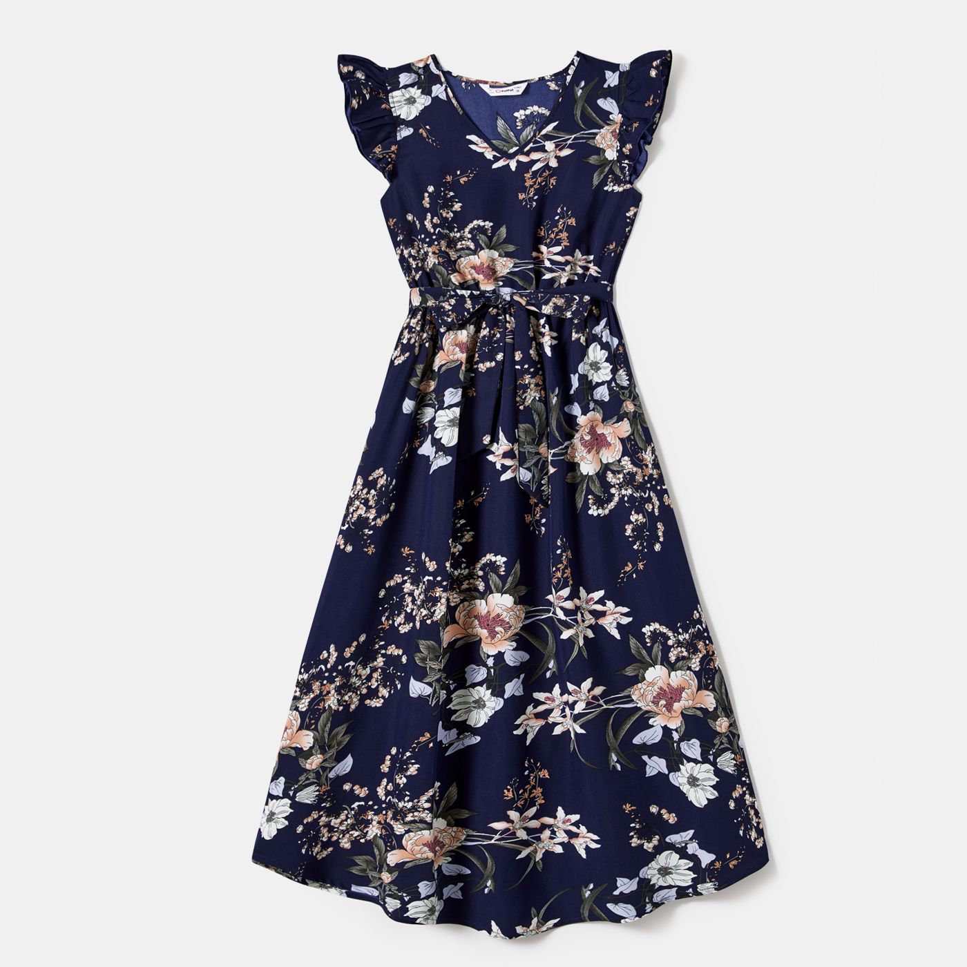 

Family Matching Floral Flutter Sleeves Dark Blue Dresses and Colorblock Tops Sets