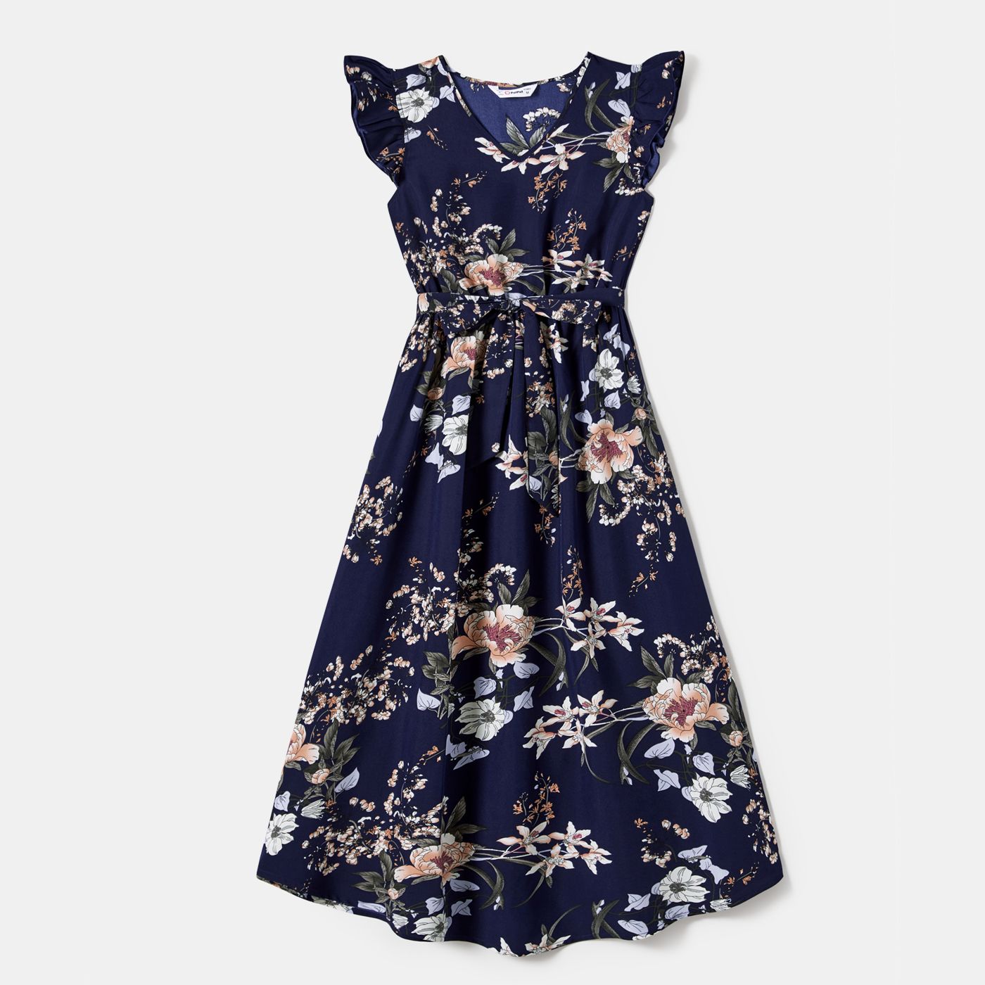 Family Matching Floral Flutter Sleeves Dark Blue Dresses And Colorblock Tops Sets