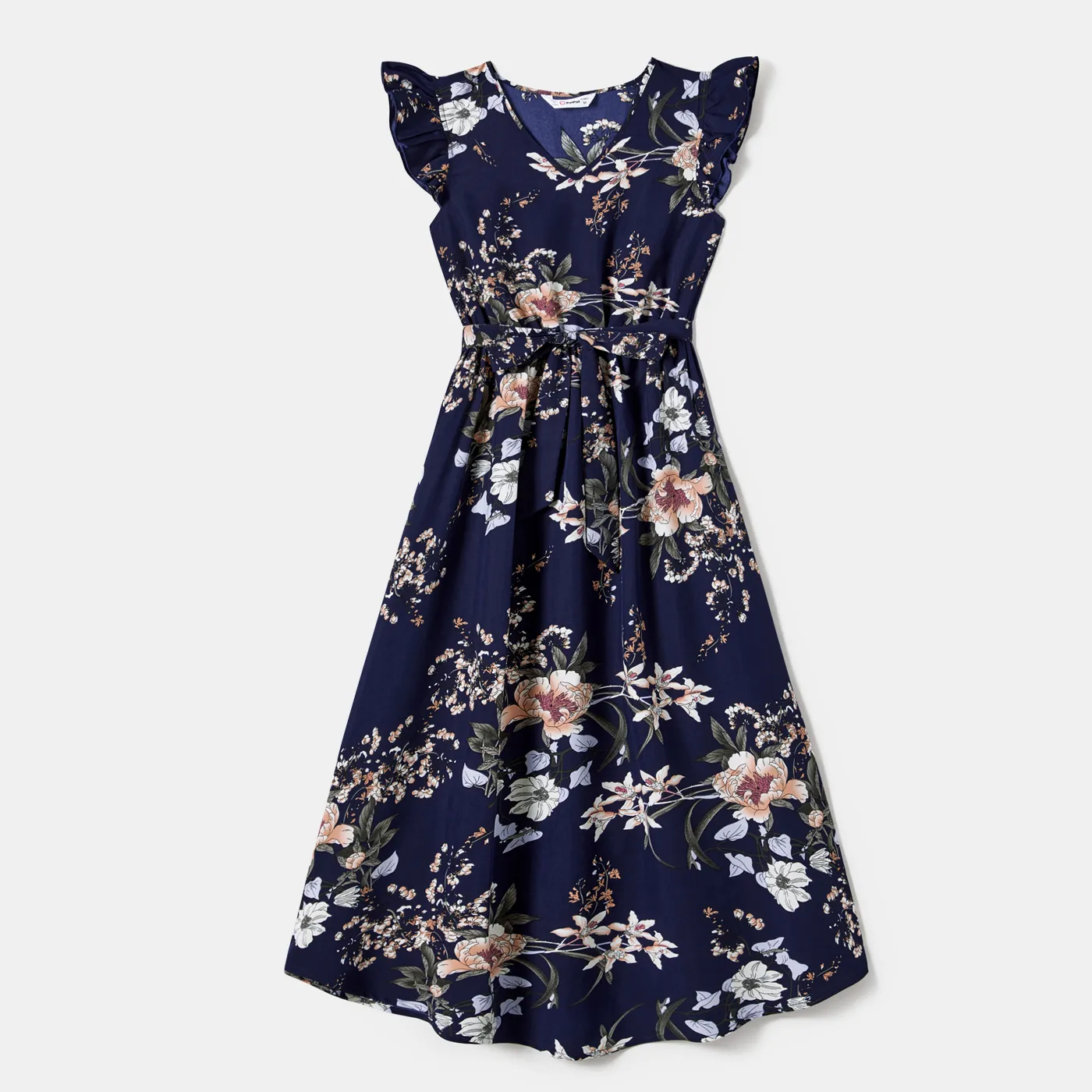 Family Matching Floral Flutter Sleeves Dark Blue Dresses and Colorblock Tops Sets Deep Blue image 6