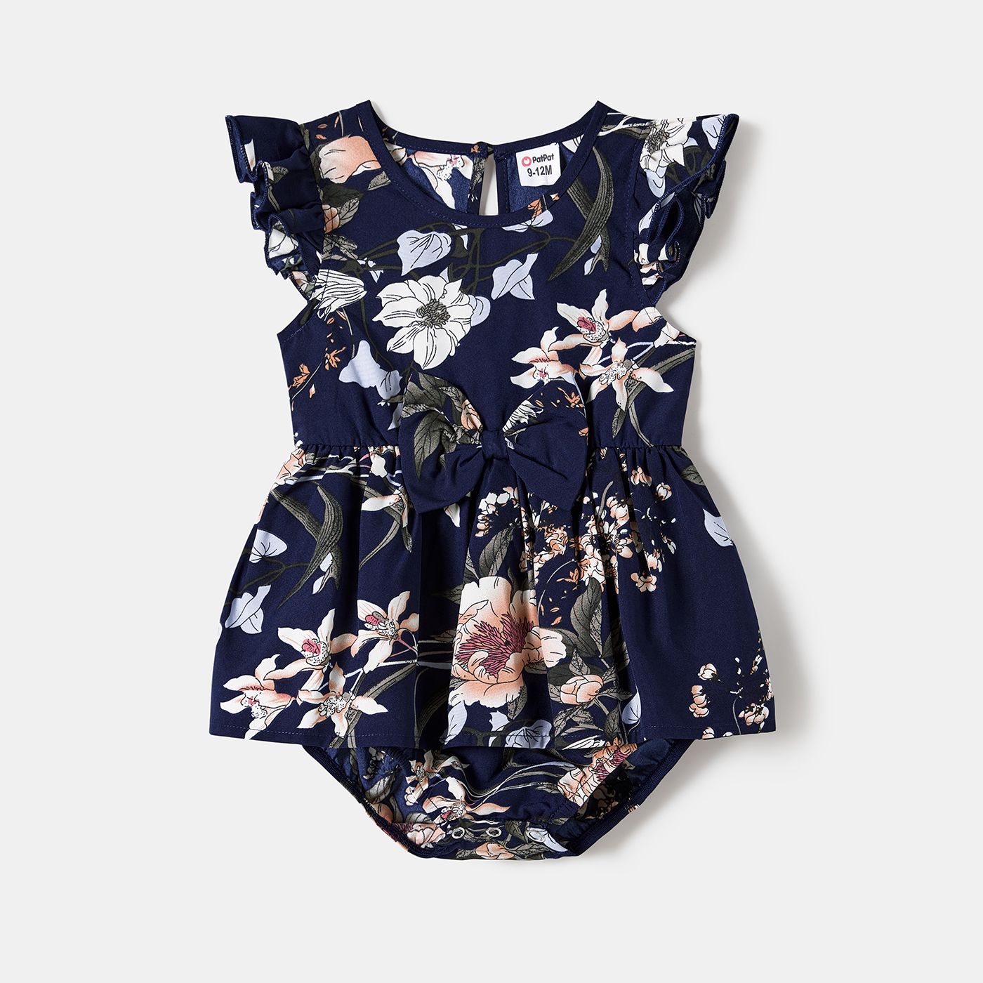 Family Matching Floral Flutter Sleeves Dark Blue Dresses And Colorblock Tops Sets