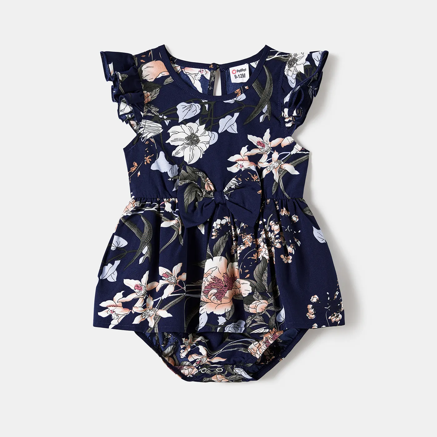 Family Matching Floral Flutter Sleeves Dark Blue Dresses and Colorblock Tops Sets Deep Blue image 2